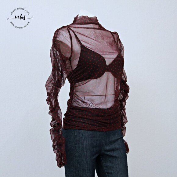 Maeve by Anthropologie Sheer Polka Dots Ruched Sleeve Top Burgundy Pink M - Picture 5 of 12
